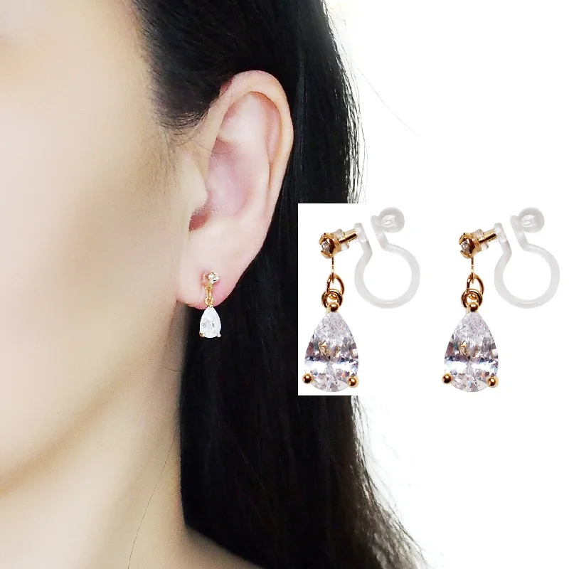 minimalist earrings for women -Copy of Dangle Teardrop Clear Cubic Zirconia Invisible Clip On earrings