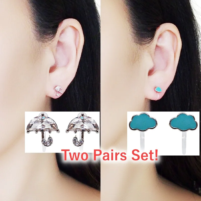 trendy drop earrings for women -Crystal Umbrella and Green Could Invisible Clip On Stud Earrings ( 2 Piars Set)