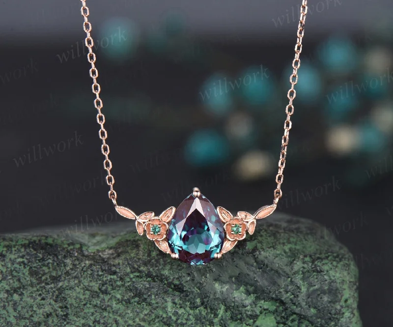 gemstone necklaces for women -Pear cut alexandrite necklace solid 14k 18k rose gold three stone nature inspired leaf floral emerald pendant women anniversary gift mother