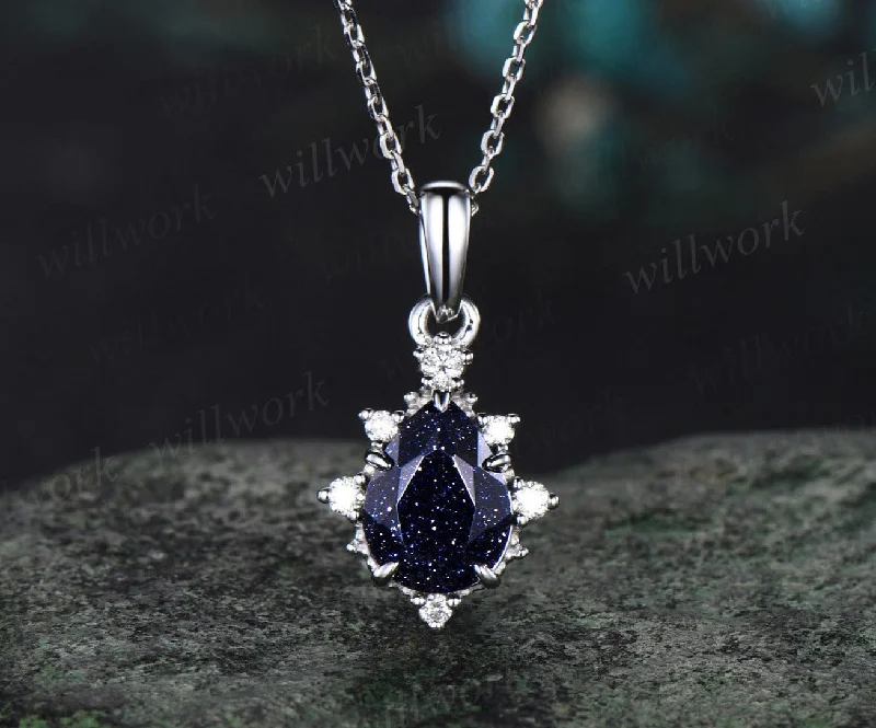 fashion necklaces for women -Pear shaped blue sandstone necklace solid 14k white gold dainty cluster diamond blue goldstone pendant women anniversary gift