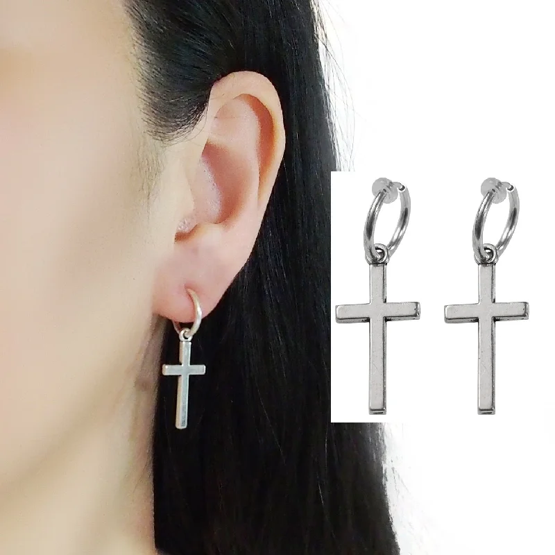 diamond drop earrings for women -Dangle Silver Unisex Cross Hoop Invisible Clip On Stud Earrings