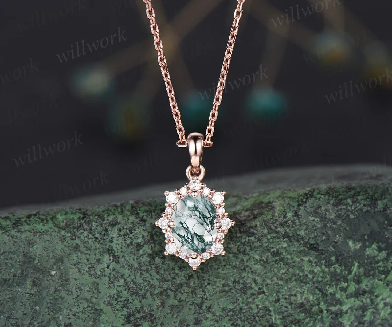 women’s statement necklaces -Vintage oval green moss agate necklace solid 14k 18k gold unique halo snowdrift diamond pendant women black stone anniversary gift jewelry