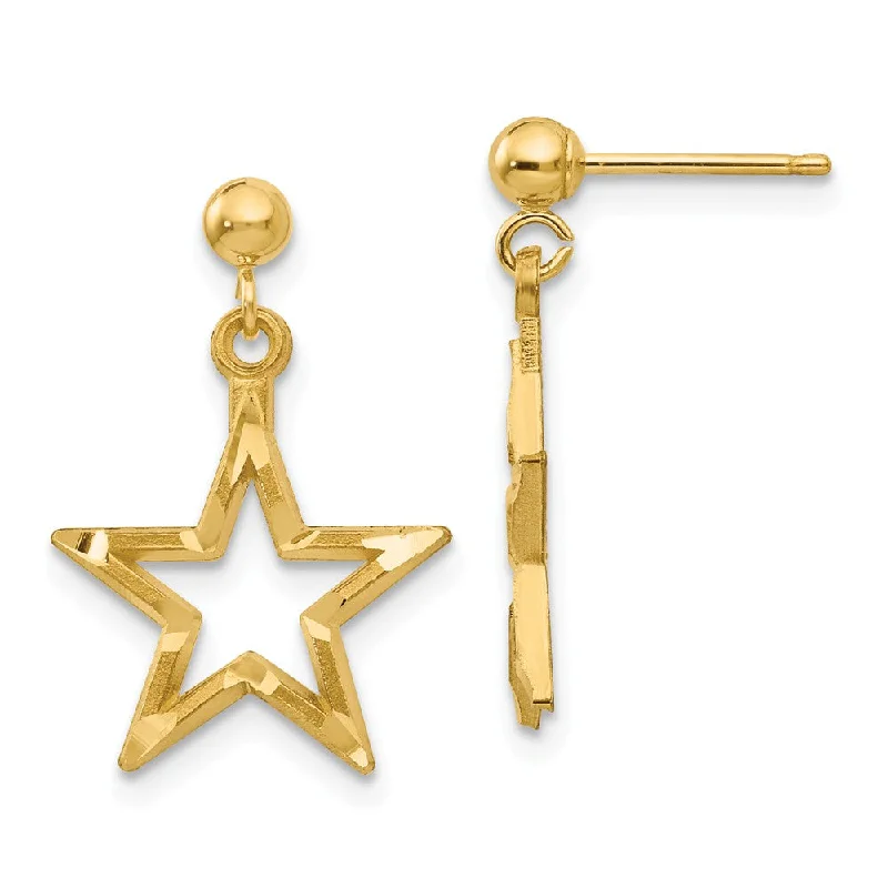 pearl earrings for women -13mm Diamond Cut Open Star Dangle Post Earrings in 14k Yellow Gold