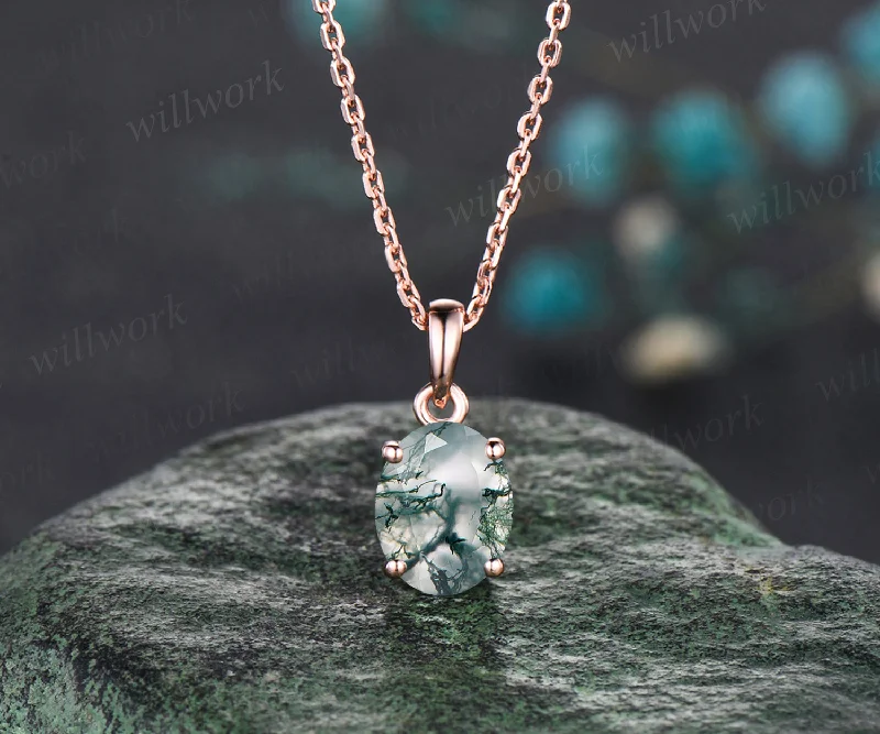 pearl necklaces for women -2ct 7x9mm Oval Cut Natural Green Moss Agate Necklace 14k Rose Gold Green Agate Solitaire Pendant Minimalist Aquatic Agate Birthday Promise Necklace Gift