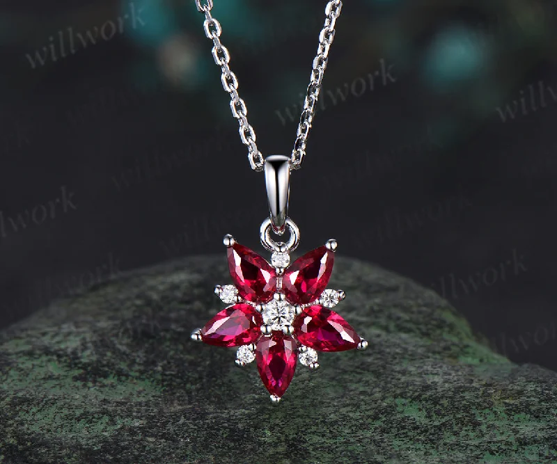 luxury gemstone necklaces for women -Unique pear red ruby necklace white gold cluster dainty snowdrift diamond pendant women July birthstone anniversary gift