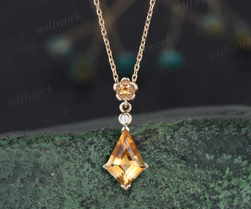 elegant diamond necklaces for women -Kite cut citrine necklace solid 14k 18k yellow gold bezel diamond floral pendant women her gemstone anniversary bridal gift mother jewelry