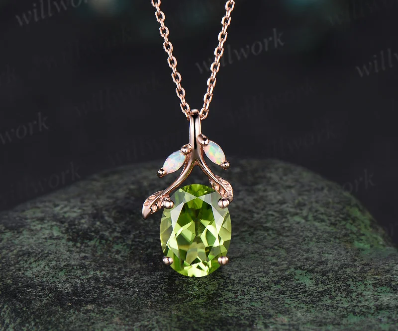 long gold necklaces for women -Oval cut peridot Necklace 14k rose gold three stone opal leaf Nature Inspired Pendant antique anniversary gift jewelry