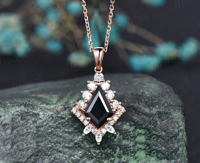 trendy silver necklaces for women -Kite cut black Onyx necklace solid 14k 18k rose gold vintage unique halo diamond  pendant for women her art deco anniversary gift mother