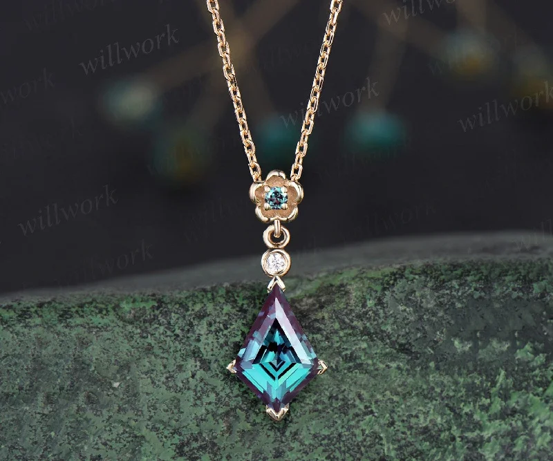 fashion statement necklaces -Vintage kite cut Alexandrite necklace solid 14k yellow gold three stone floral bezel diamond pendant women dainty anniversary gift mother