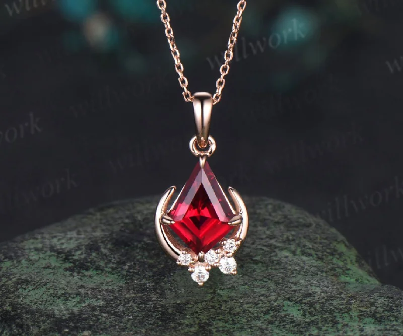 bohemian necklaces for women -Vintage kite cut red ruby necklace rose gold cluster moon snowdrift diamond pendant women July birthstone anniversary gift