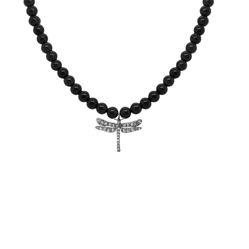 chic necklaces for women -Black Dragonfly Oxidized Silver Necklace w. Onyx & Diamond