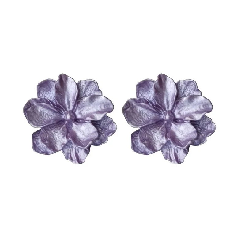 butterfly earrings for women -Large Purple Flower Invisible Clip On Earrings