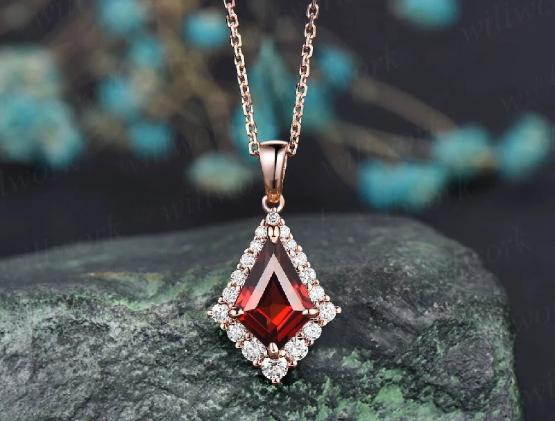 layered gold necklaces for women -Kite cut natural garnet necklace unique halo snowdrift moissanite necklace pendant rose gold women mother bridal promise anniversary gift