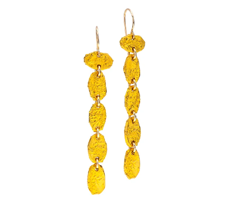 flower stud earrings for women -Nava Zahavi Yellow Gold Long Dangling Wrinkled Earrings