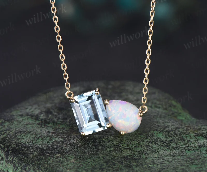 boho necklaces for women -Emerald cut aquamarine and pear opal necklace 14k yellow gold two stone pendant women dainty anniversary gift mother