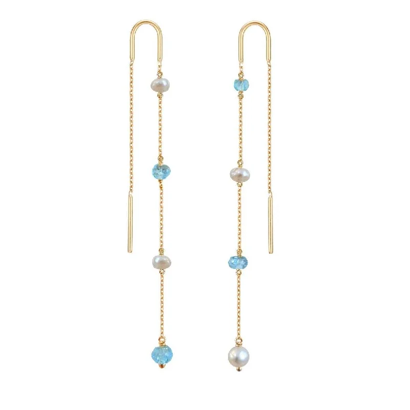 luxury earrings for women -Pearl and Apatite 18k Gold Threader Earrings