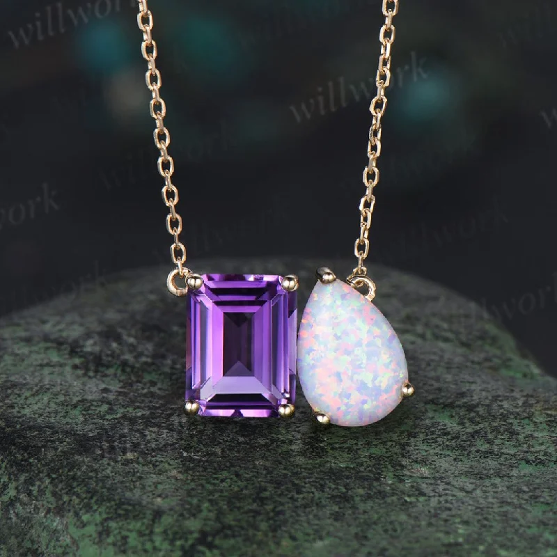 minimalist necklaces for women -Emerald cut amethyst and pear opal necklace solid 14k rose gold unique two stone pendant women anniversary gift mother