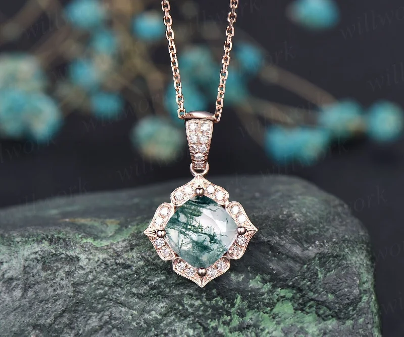 bridal necklaces for women -Cushion cut natural green moss agate necklace solid 14k rose gold floral halo moissanite diamond pendant women bridal anniversary gift