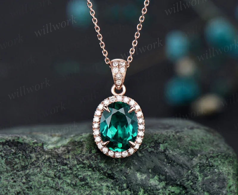 elegant diamond necklaces for women -2ct oval cut green emerald necklace solid 14k rose gold vintage unique halo diamond necklace pendant women May birthstone anniversary gift