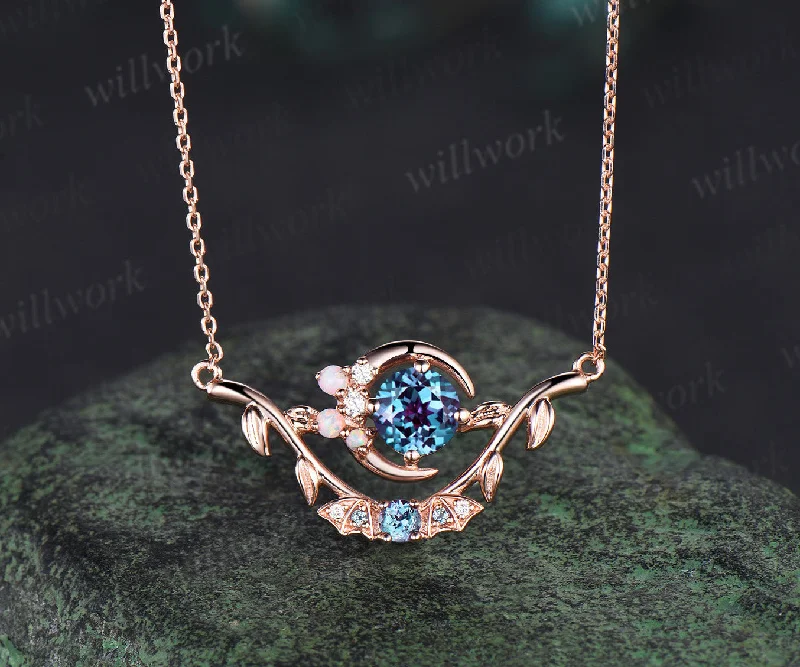 sterling silver chain necklaces -Unique Gothic Pendant Necklace Night Moon Bat Alexandrite rose gold Magic Crescent Moon Leaf Branch Necklace Halloween Anniversary gift Women