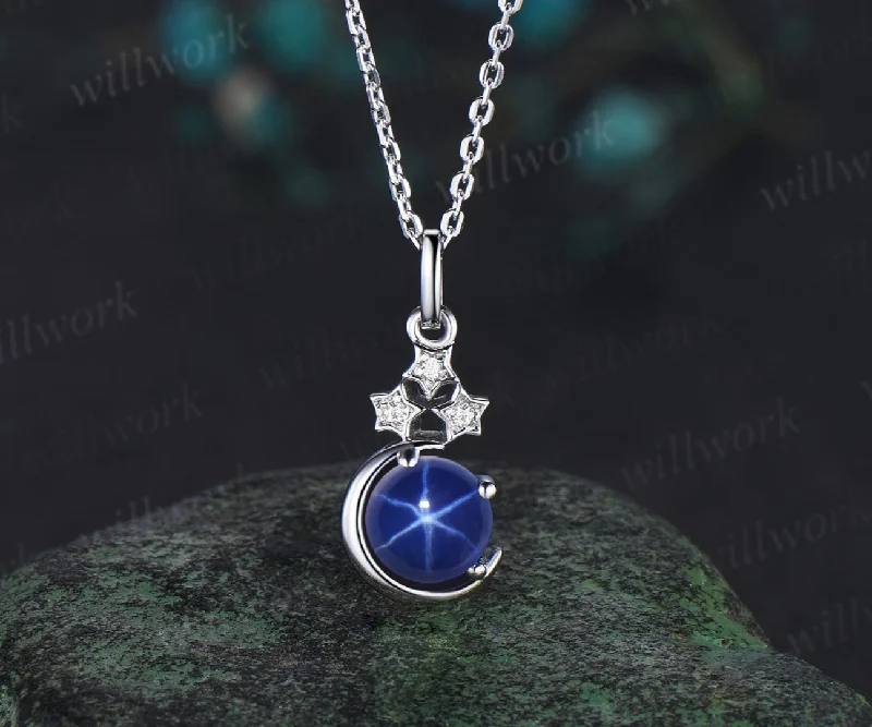 women’s statement necklaces -Vintage round blue star sapphire necklace white gold star moon unique diamond pendant women September birthstone anniversary gift