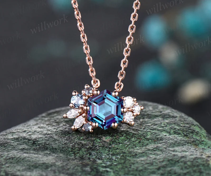 trendy necklaces for women -Hexagon alexandrite necklace moissanite art deco cluster pendant 14k/18k rose gold necklace birthstone anniversary gifts for women