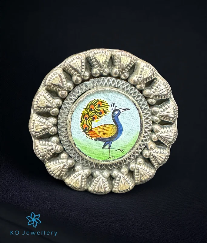 vintage rings for women -The Hritvi Silver Handpainted Peacock Open Finger Ring