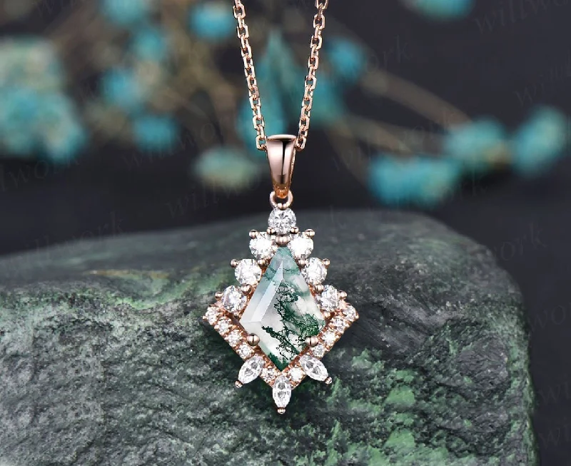 choker necklaces for women -Kite natural moss agate necklace solid 14k 18k rose gold vintage unique halo diamond  pendant for women her anniversary bridal gift mother