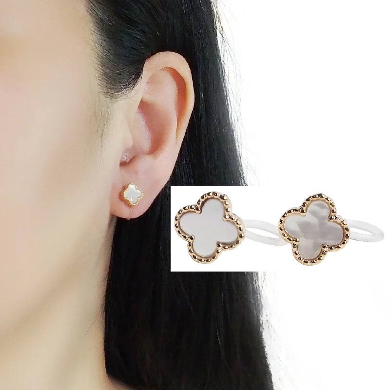 gemstone hoop earrings for women -Gold Four Leaf Mother Of Pearl Invisible Clip On Stud Earrings