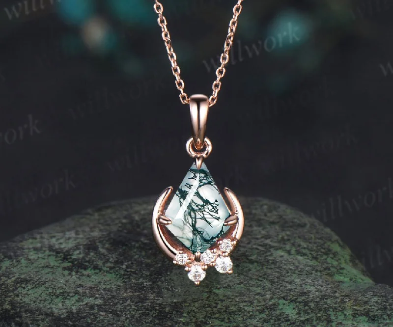 bold necklaces for women -Vintage kite cut moss agate necklace rose gold cluster moon snowdrift diamond pendant women July birthstone anniversary gift