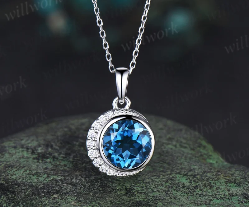 antique-style necklaces for women -Dainty Round Cut London Blue Topaz Necklace Unique Moissanite Moon Pendant Minimalist December Birthstone Blue Topaz Necklace Women