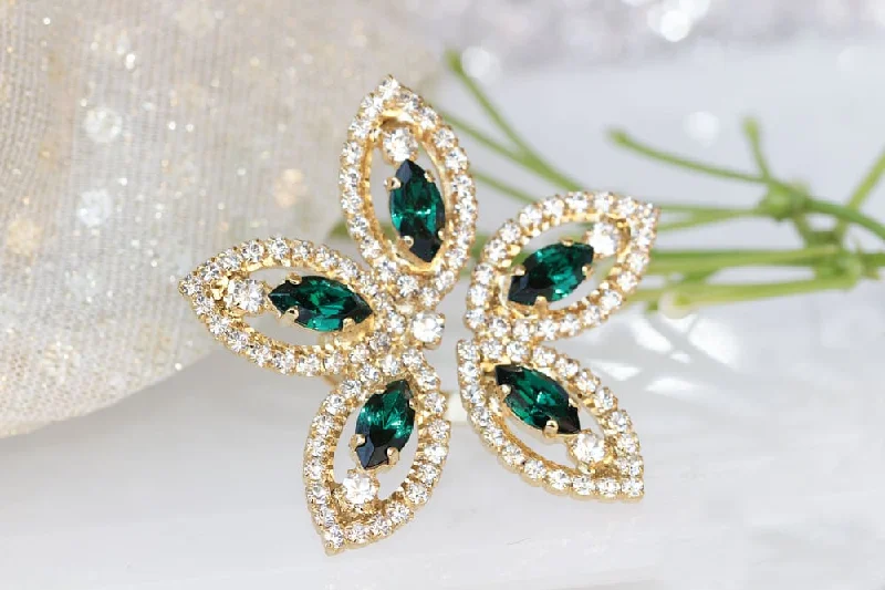 wedding band sets for women -EMERALD FLOWER RING