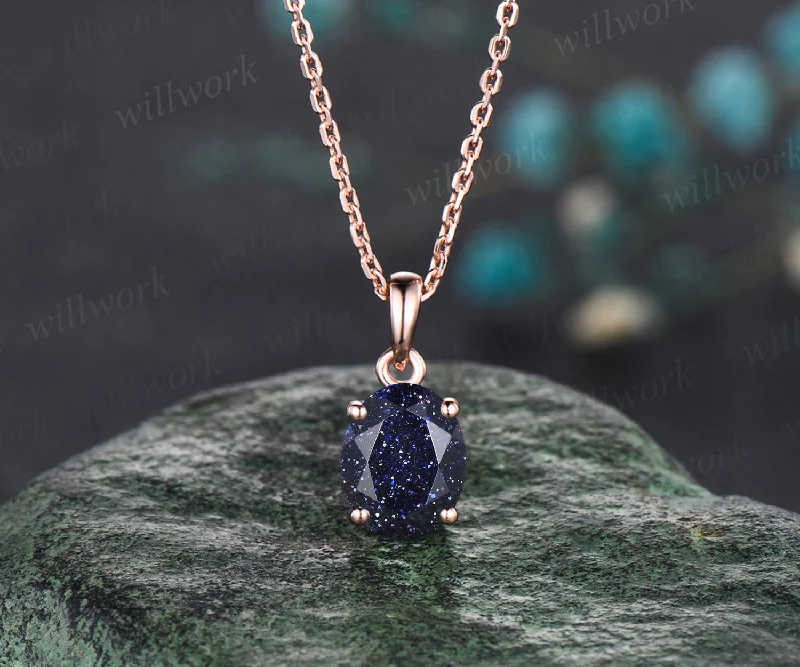 trendy silver necklaces for women -Unique Galaxy Oval Cut Blue Sandstone Necklace Art Deco Healing Blue Gemstone Solitaire Pendant 14k Rose Gold Starry Sky Necklace Birthday Promise Anniversary Necklace Jewelry Gift