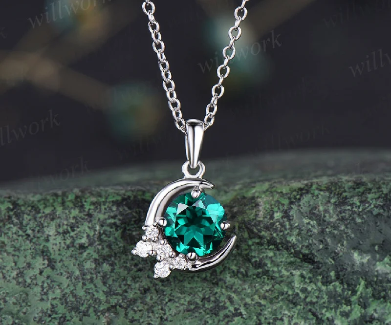 diamond-studded necklaces for women -Vintage emerald pendant crescent moissanite cluster pendant necklace sterling silver white gold necklace for women birthday anniversary gifts