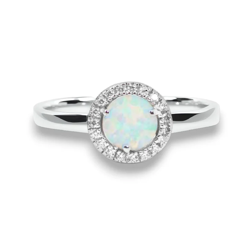 diamond-studded necklaces for women -Sterling Silver Round Created White Opal CZ Halo Ring