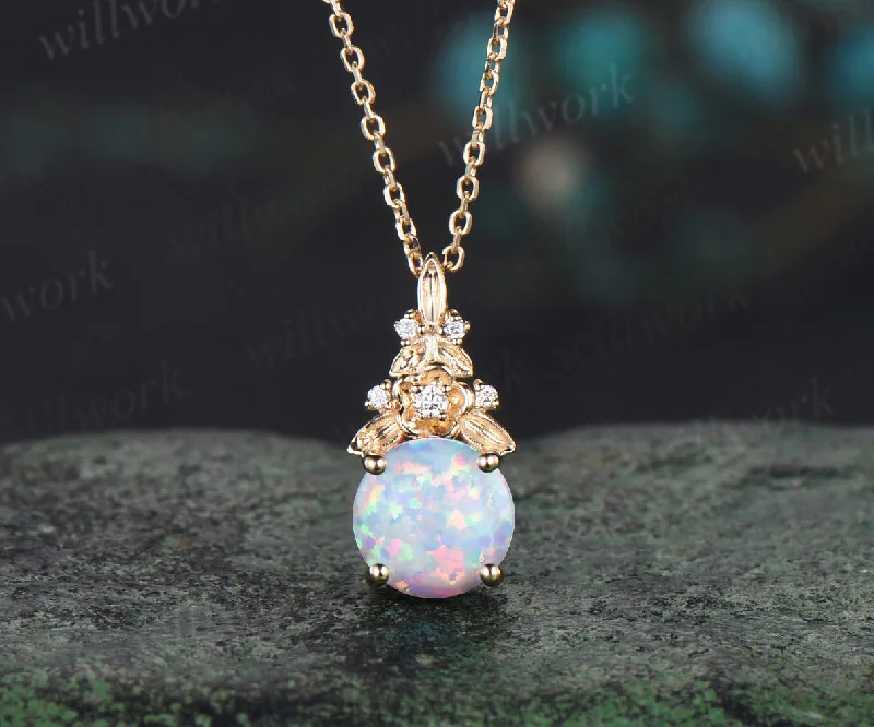 fashion statement necklaces -Vintage round white opal necklace 14k yellow gold Floral leaf diamond pendant women anniversary gift jewelry