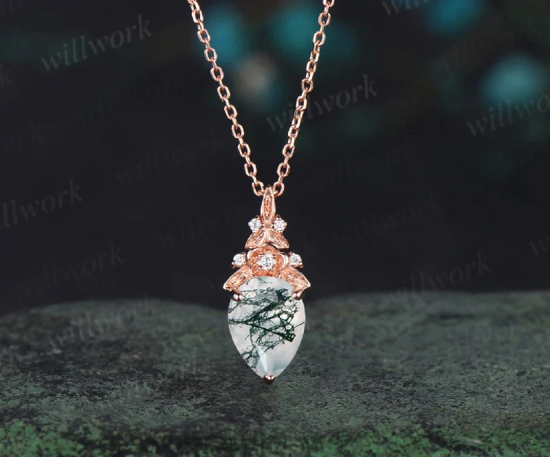 luxury gemstone necklaces for women -Vintage pear moss agate necklace 14k rose gold Floral leaf diamond pendant women anniversary gift jewelry