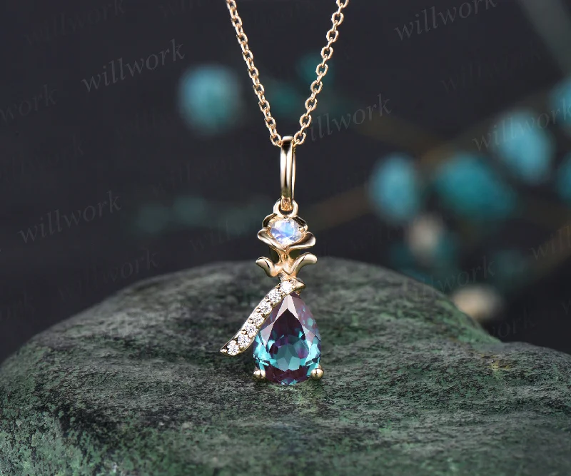 engraved necklaces for women -Unique Pear Cut June Birthstone Alexandrite Necklace 14k Yellow Gold Moissanite Moonstone Rose Flower Pendant Birthday Anniversary Gift