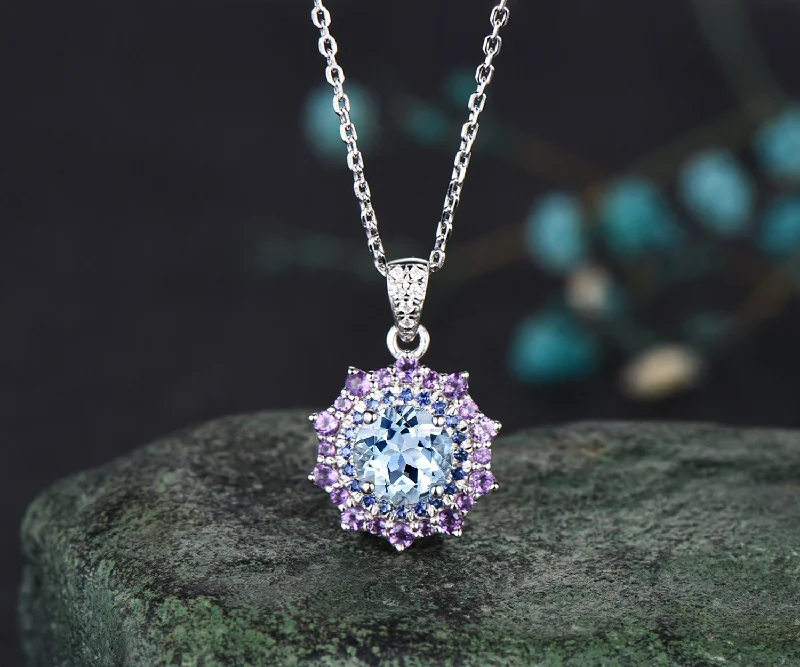 simple gold necklaces for women -1ct round cut aquamarine necklace white gold snowdrift double halo sapphire amethyst pendant women anniversary gift jewelry