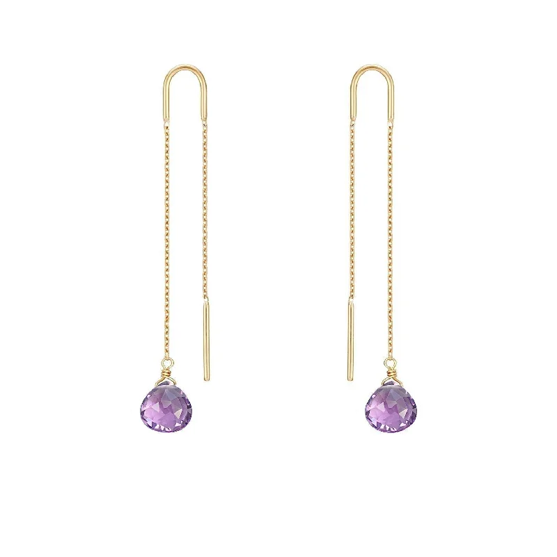 diamond drop earrings for women -Drop Threader Earrings Amethyst - 18k Gold