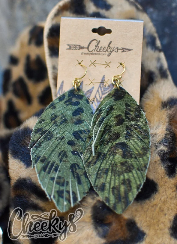 custom-made earrings for women -Lina Green Leopard Fringe Leaf Earrings