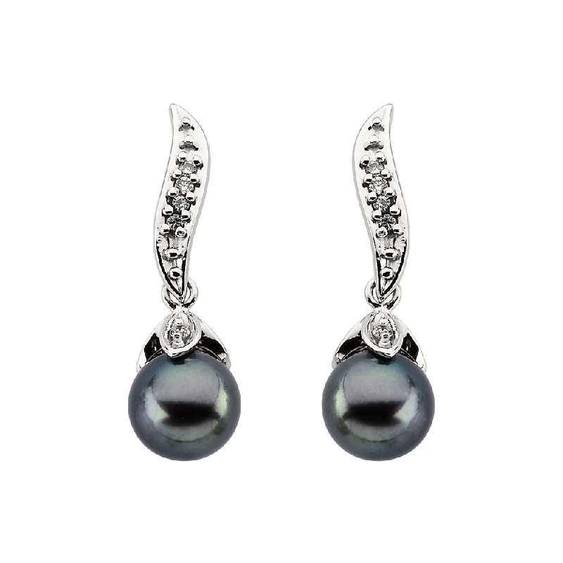 gold earrings for women -Black Akoya Cultured Pearl & Diamond Dangle Earrings in 14k White Gold