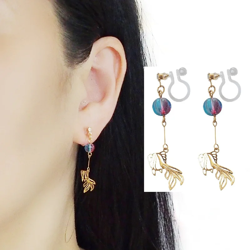 dangly earrings for women -Dangle Golden Fish Invisible Clip On Earrings