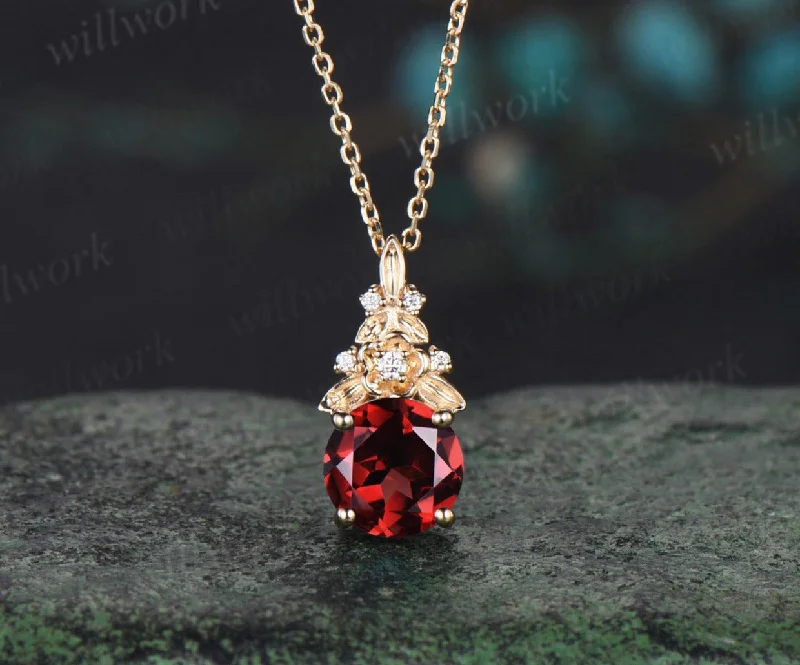 vintage-inspired necklaces for women -Vintage round cut red garnet necklace 14k yellow gold Floral leaf diamond pendant women anniversary gift jewelry