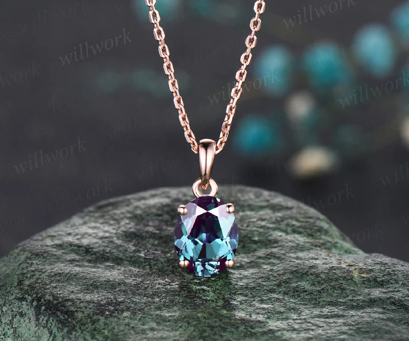 silver necklaces for women -Minimalist Oval Cut Alexandrite Necklace Unique June Birthstone Color Change Alexandrite Solitaire Pendant Art Deco 14k Rose Gold Birthday Bridal Jewelry Gift