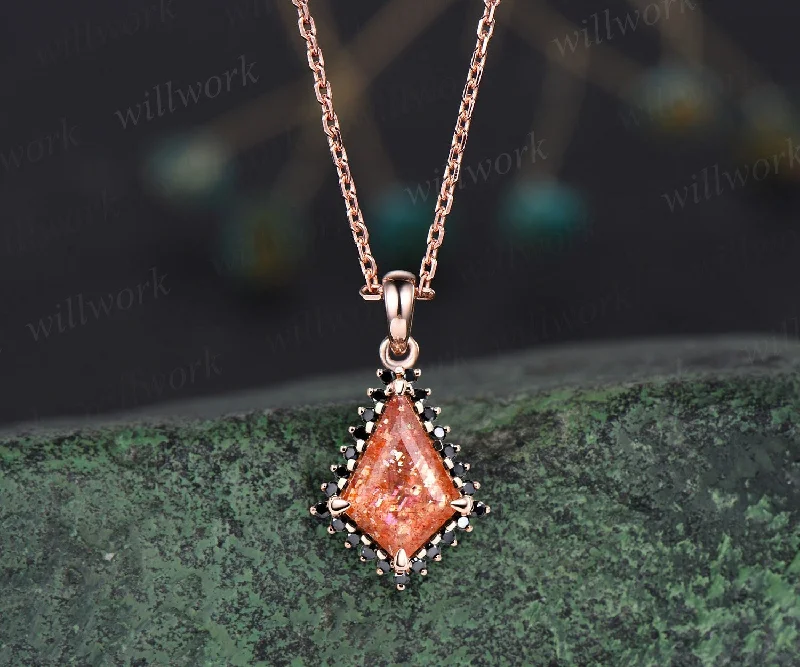 statement pearl necklaces -Unique kite cut sunstone necklace solid 14k 18k rose gold halo black diamond pendant for women May birthstone mother anniversary gift