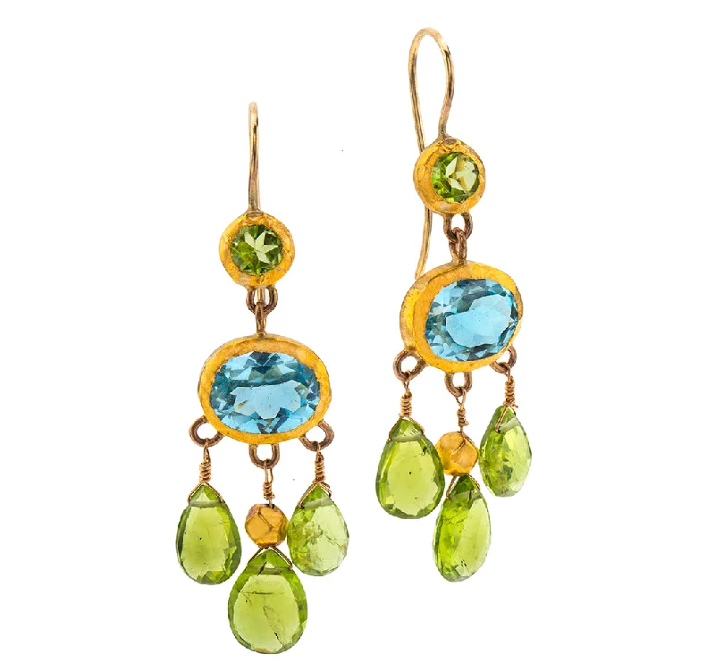 heart-shaped drop earrings for women -Nava Zahavi Yellow Gold Peridot and Blue Topaz Chandelier Earrings