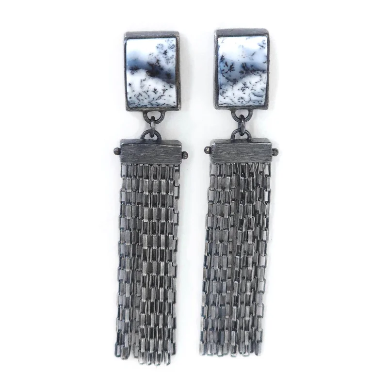 bohemian earrings for women -Dendritic Opal Fringe Earrings - 1