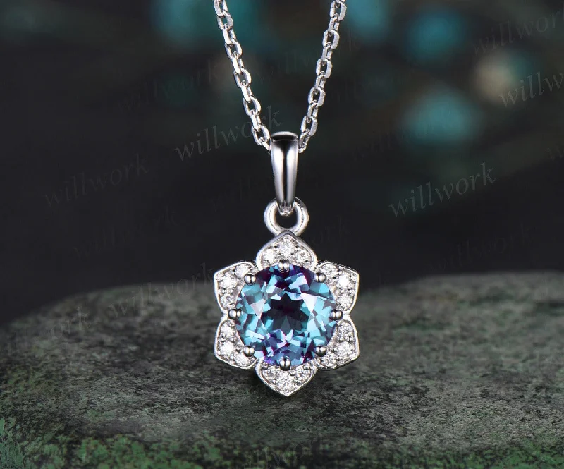 bridesmaid necklaces for women -Floral round cut alexandrite necklace solid 14k white gold flower halo diamond pendant women June birthstone anniversary gift