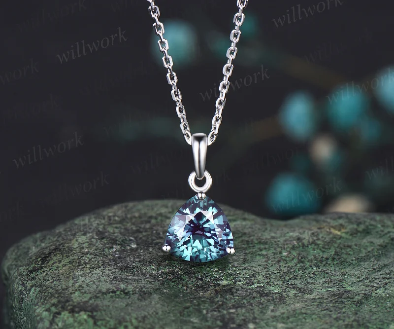 luxury gemstone necklaces for women -Minimalist Trillion Cut Alexandrite Necklace Delicate June Birthstone Color Change Stone Alexandrite Solitaire Pendant 14k White Gold Necklace